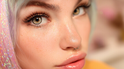 Close up dreamy beauty portrait of young woman with glitter freckles and pastel rainbow hair in warm golden light
