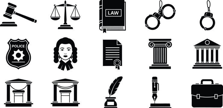A collection of legal and justice system icons and symbols on a white background