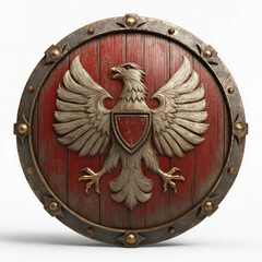 Detailed 3D model of weathered medieval heater shield featuring majestic golden eagle emblem on blue textured steel field
