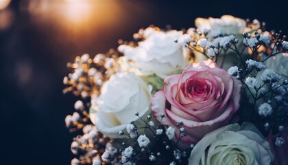 Obraz premium Beautiful romantic bouquet of fresh pink and white roses with delicate gypsophila flowers in warm golden sunset light against a dark, moody background