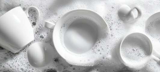 The white ceramic cups and saucers submerged in frothy sudsy dishwashing water