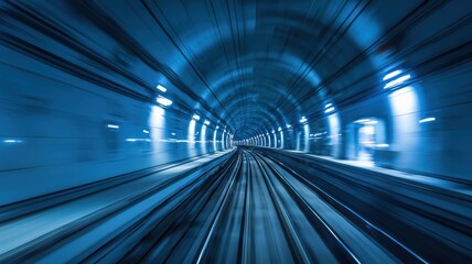 Dynamic motion blur scene view from underground subway train speeding in tunnel with glowing neon lights