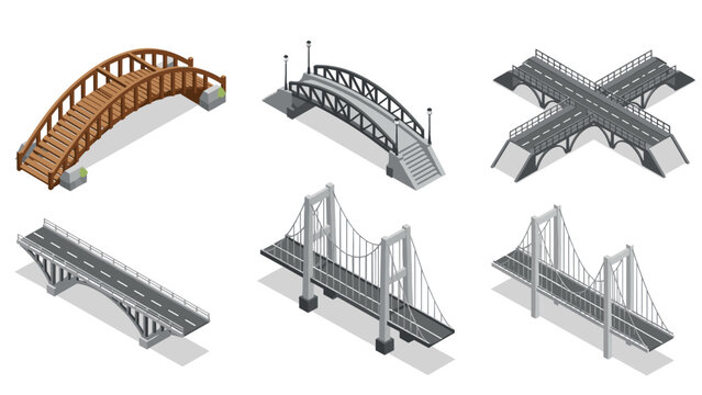 Collection of various architectural bridge designs including suspension, arch, and modern highway overpass structures.