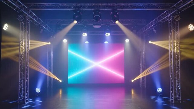 Illuminated stage setup with spotlights and geometric patterns creates a dynamic atmosphere.