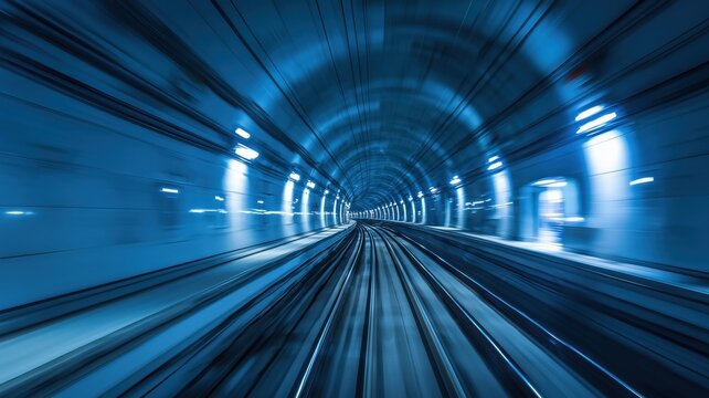Dynamic motion blur scene view from underground subway train speeding in tunnel with glowing neon lights