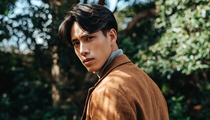 Handsome young man with dark hair wearing a brown suede jacket and grey turtleneck looks back over his shoulder with a serious, confident expression outdoors in natural light