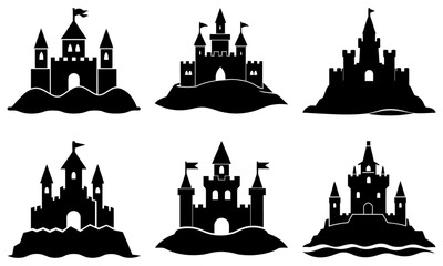 Fototapeta premium Six Black Silhouette Castles on Hills with Transparent Background white