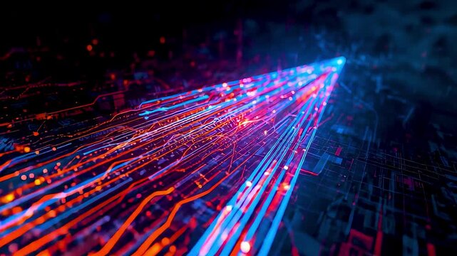High speed data streams racing across digital grid with glowing light paths showing rapid information transfer and advanced computing motion