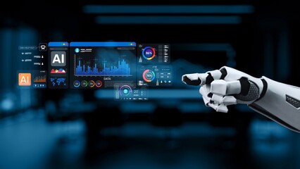 A robotic hand interacts with a vibrant digital display showcasing data analytics and AI metrics, representing the fusion of technology and innovation in modern workspaces. Synapse