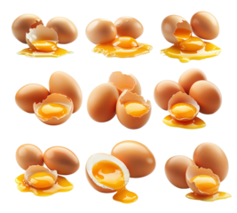 Close-up of cracked brown egg with yolk inside eggshell, isolated on white transparent background.