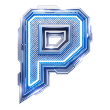 Glowing blue letter p with neon effect isolated on transparent background