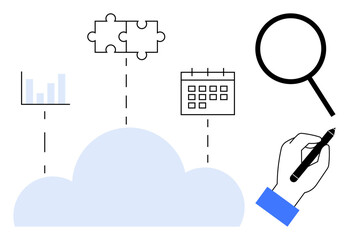 Cloud connecting to data analytics, puzzle, calendar, magnifier, and action of writing. Ideal for teamwork, organization, integration analytics research planning innovation. Simple flat metaphor © robu_s