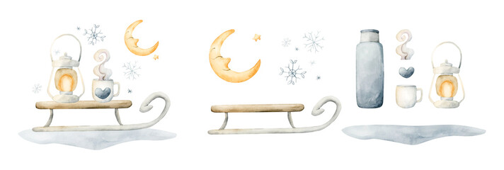 Cute sleigh with cup and lantern, crescent moon snow flakes. Watercolor hand drawn illustration isolated on white background for winter design Christmas card baby nursery kids print textile poster