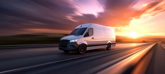 Obraz premium The Van Racing Along a Sunset Highway Delivering Cargo with Dramatic Motion Blur