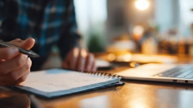 A close-up view highlights a person's hand, clad in a casual plaid shirt, actively writing or sketching in a spiral notebook with a pen. The scene, bathed in warm, inviting light, features a blurred l