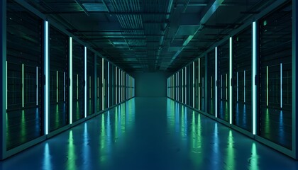 Fototapeta premium A futuristic corridor with sleek server rows, illuminated by vibrant neon lights, viewed from a central perspective, showcasing a modern data center environment