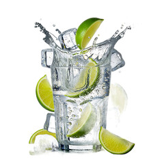A refreshing glass of clear drink with lime slices splashing into it, creating a dynamic splash scene