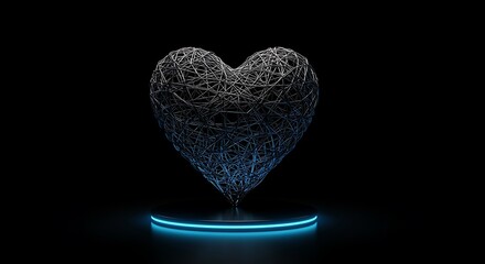 Glowing blue wireframe heart on illuminated base