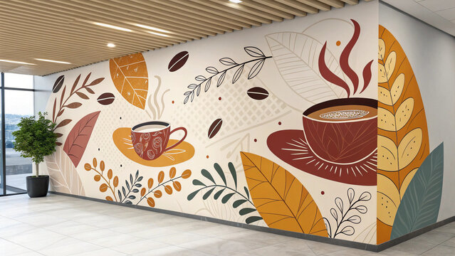Modern minimalist hallway with a large stylish wall mural featuring abstract coffee beans, cups, and botanical elements in warm earth tones.