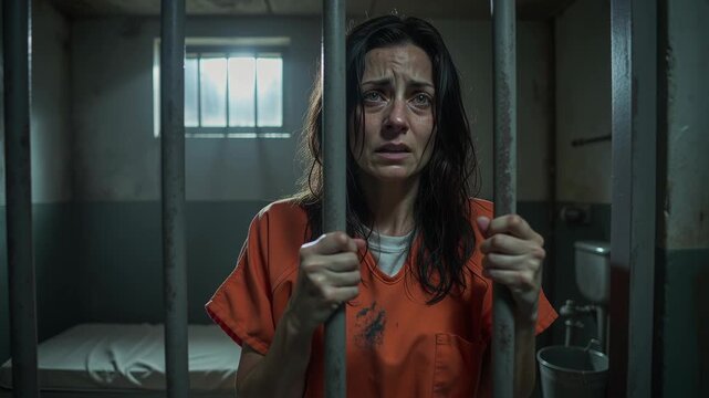 Sad and depressed female prisoner holding the jail bars of her prison cell with gray wall background and bright lighting