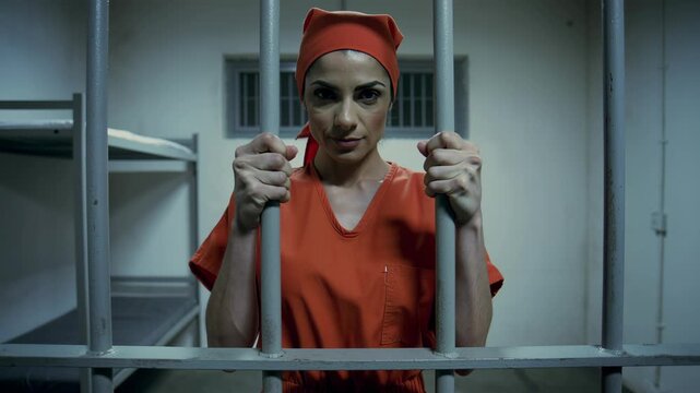 Smug and smiling female prisoner holding jail bars of his prison cell in a with a well lit gray wall background