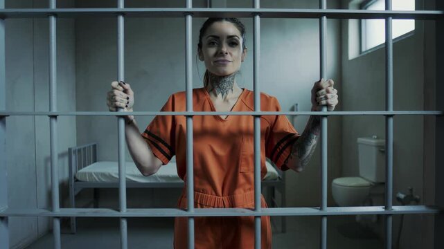 Smug and smiling female prisoner holding jail bars of his prison cell in a with a well lit gray wall background