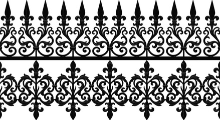 Seamless black baroque border pattern, ornate vintage floral scroll with fleur de lis repeat decorative wallpaper trim © MdSobhan