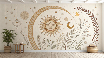 Bohemian style room interior featuring a celestial wall mural with a sun, moon, stars, and...