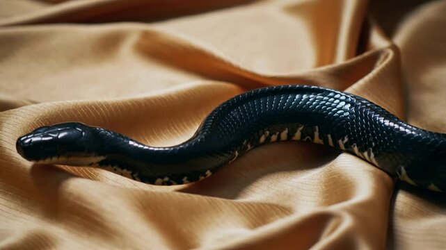 Black scaled shimmering and beautiful snake slithering along a golden silk cloth fashion beauty or fragrance ad concept with studio lighting in the background