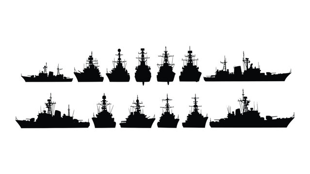 Silhouettes of various naval ships isolated on white background, Vector