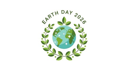 Earth Day 2026 Globe with Green Leaf Wreath Environmental Celebration Illustration