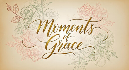 Elegant calligraphy Moments of Grace on floral line art background. Golden script adds subtle beauty, creating serene Moments of Grace. Perfect for invitations, branding.