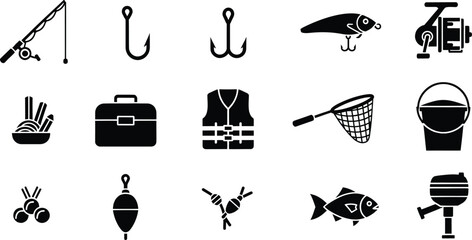 A collection of black silhouette icons representing essential fishing gear and equipment © Milon Store