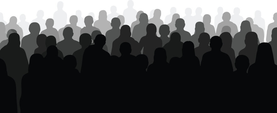 Layered silhouettes of faceless people in a dense crowd, symbolizing anonymity, population, and social unity