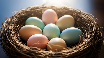 Happy easter eggs in a bird's nest easter celebration and springtime fun