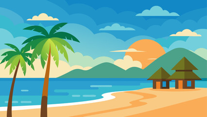 Obraz premium Tropical beach sunset with palm trees and beach hut
