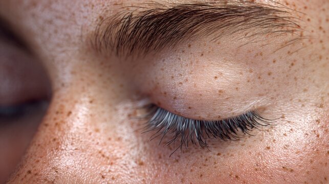 A woman's face with a lot of freckles and a dark eye. The eye is open and the lashes are long