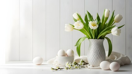 Happy easter decoration with white tulips and easter eggs