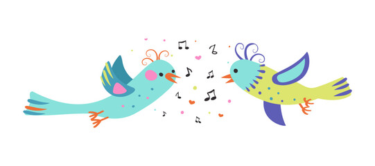 Abstract bright, fantastical birds. Singing flying birds, musical notes, hearts, confetti. Color illustration with cute animals. Couple, love. Valentine's Day.