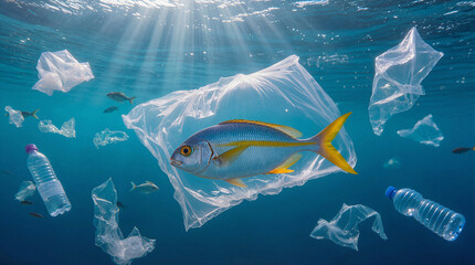 A fish swims near a piece of plastic waste and some water bottles deep in the ocean. Sunlight shines through the water, highlighting the plastic debris affecting marine life and habitats