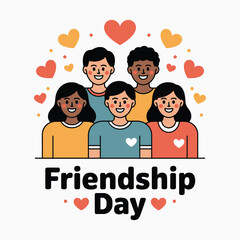Friendship Day Illustration with Happy Friends Group, Hearts and Togetherness Concept Vector