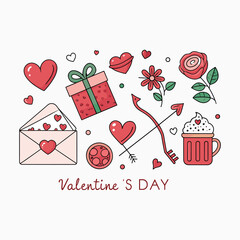 Valentine&rsquo;s Day Love Elements Illustration with Gifts, Hearts, Flowers and Sweet Treats Vector