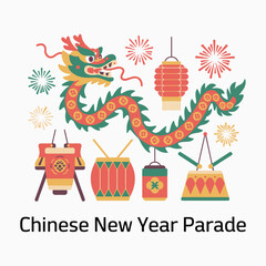 Chinese New Year Parade Illustration with Dragon Dance, Lanterns and Traditional Drums Vector