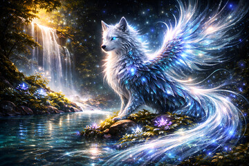 Glowing ice spirit wolf standing near a waterfall in a magical forest, blending fantasy wildlife with luminous energy.