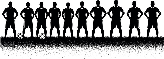 Soccer team player silhouettes standing in lineup on grass, football squad unity concept, sports illustration black white