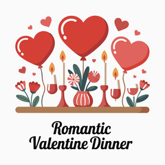 Romantic Valentine Dinner Illustration with Hearts, Candles and Floral Decor Vector