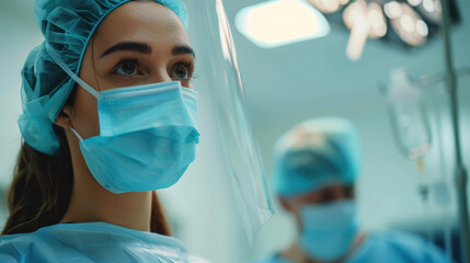 A female surgeon, wearing protective gear, focuses intently during a medical procedure in a modern operating room