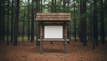 A wooden display stand with a blank white sign stands in a serene forest surrounded by tall trees and a carpet of red leaves viewed from the front