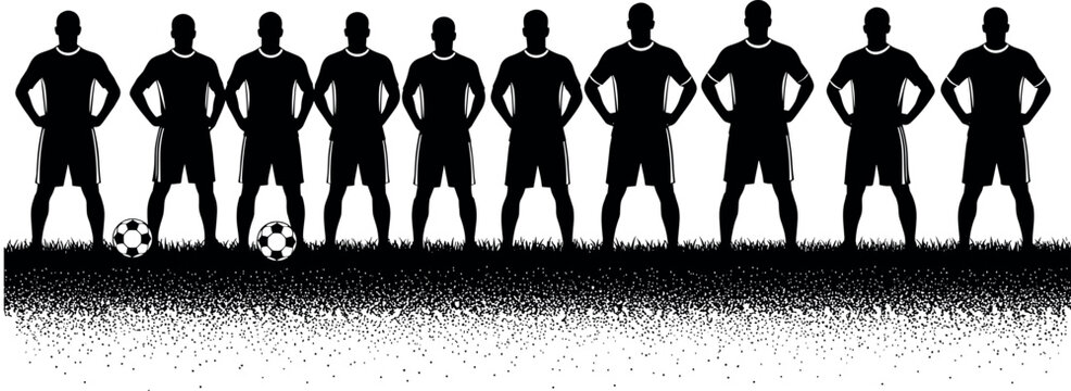 Soccer team player silhouettes standing in lineup on grass, football squad unity concept, sports illustration black white