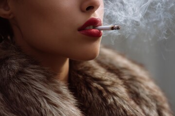 Obraz premium Fashionable caucasian female smoking cigarette in fur coat with red lips